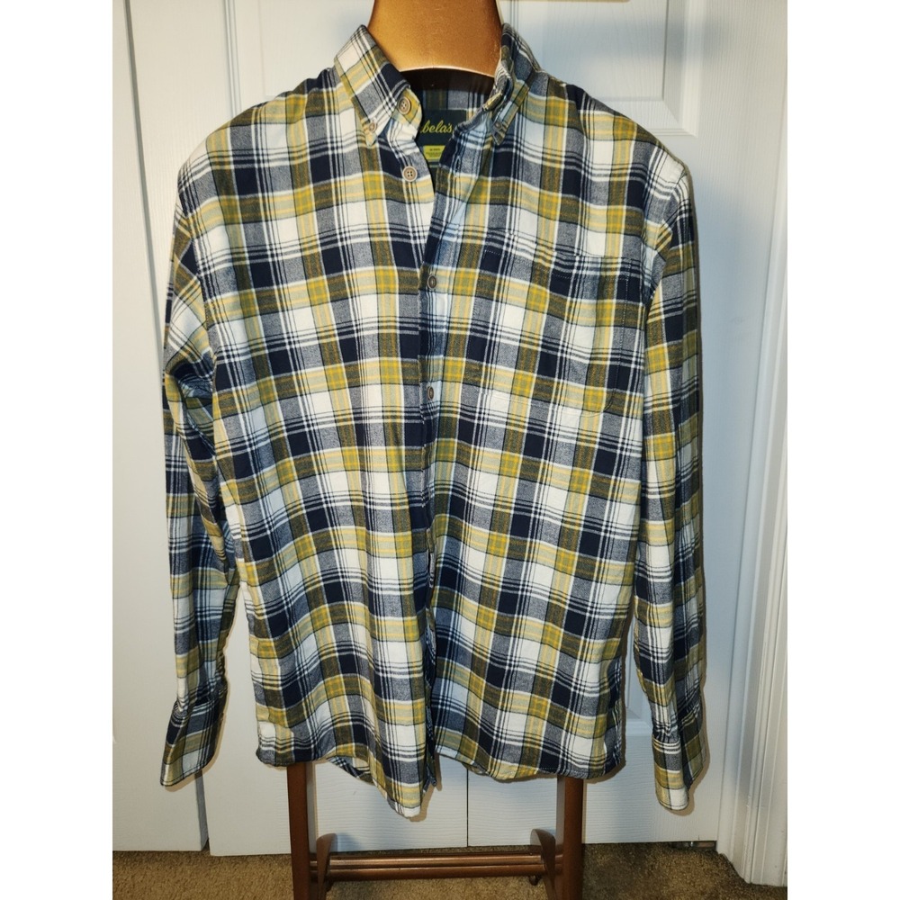 Cabelas Mens Flannel Shirt Medium Regular Plaid Navy Yellow White Button Down